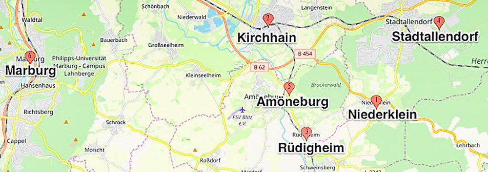 Map showing Marburg- Kirchhain,Stadtallendorf, Amöneburg, Niederklein and Rüdigheim.