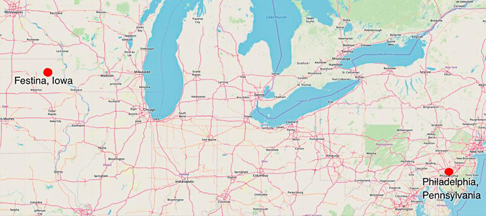 Map Showing Festina, Iowa and Philadelphia, Pennsylvania