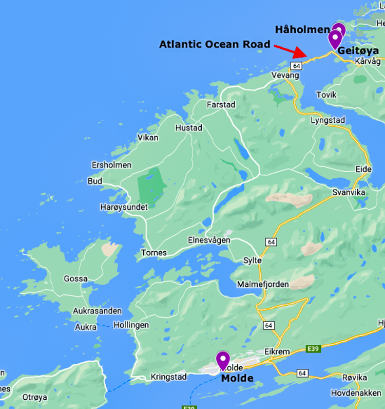 Map showing Atlantic Ocean Road, Geitøya and Håholmen Island