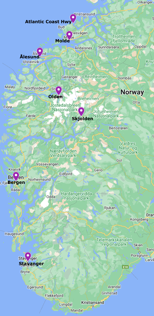 Map Showing our Cruise Stops in Norway