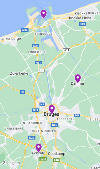 Map showing Zeebrugge, Damme, Bruges & Loppen, Belgium