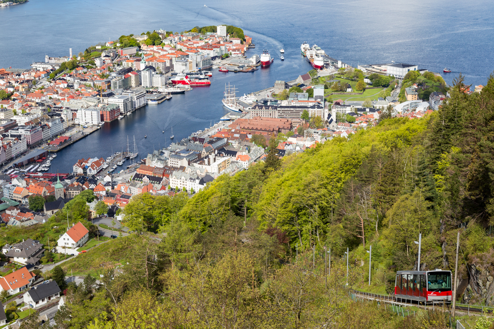 Bergen, Norway: Fløibanen car climbs above the city, as seen from the summit.