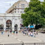 Marble Arch Memorial, at the North end of Park Lane, London. Originally a ceremonial entrance from the Mall to Buckingham Palace, moved to current position in 1851.