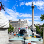 Nelson’s Column and Fountain commemorating Admiral Lord nelson’s victory at Trafalgar, Trafalgar Square, London.