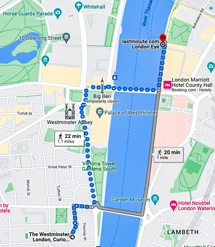 Map showing distance from our hotel to the London Eye.