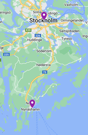 Map showing Nynäshamn to Stockholm, Sweden