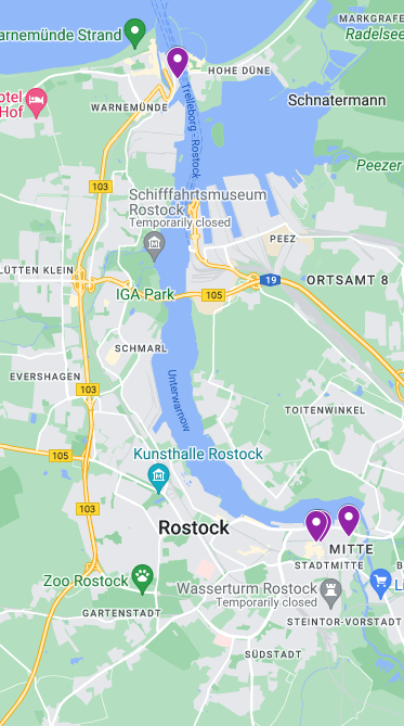 Map showing Warnemünde to Rostock, Germany