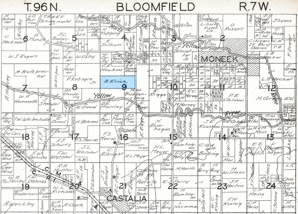1930 Plat Map Bloomfield Township, Winneshiek County, Iowa, Section 1-24. Ben Einck property highlighted in blue.