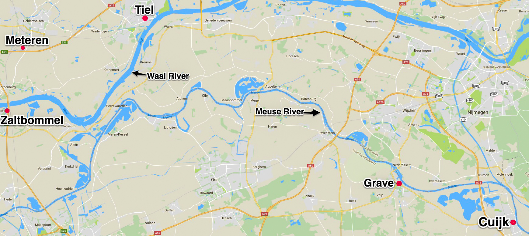 Map showing Meteren, Tiel, Zaltbommel, Grave and Cuijk, Netherlands