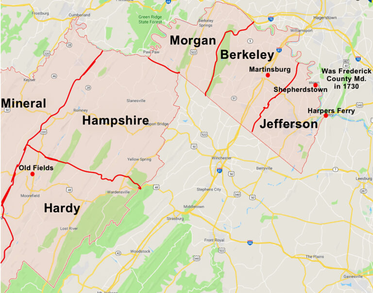 Eastern Panhandle of West Virginia. Areas that were included in the Van Metre 1730 Land grant. John Van Metre settled in what is now Martinsburg, West Virginia.