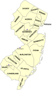 New Jersey Counties. Star notes location of Sommerville, Burlington and Daretown.