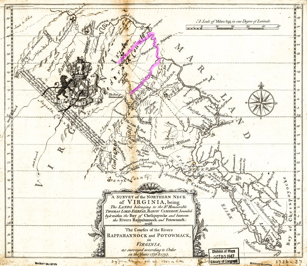 Survey of teh orthern Neck of Virginia, 1736 & 1737. The pink area is the outline of the Shenandoah River, up to the Potomac and down the Opequon River, which is the boundaries in John Van Metre's Grant.