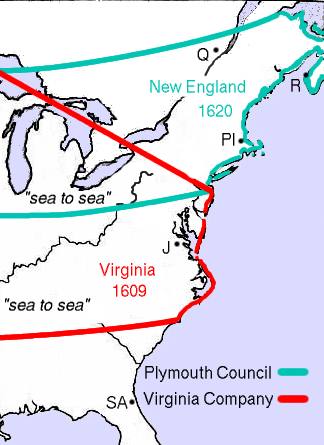 History of Virginia -Image represents map of the eastern coast of the USA of today; the extension of the rights granted to the Virginia Company by the Plymouth Council, widely known as "from sea to sea".