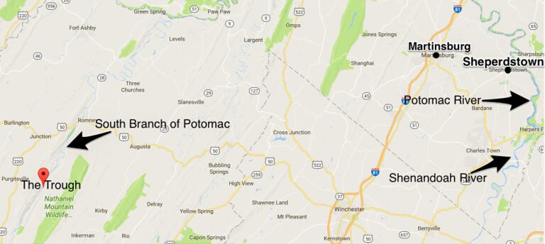 Current map showing the area that John Van Metre "Spied Out The Land" most likely followed the Potomac from the Chesapeake Bay Northwest, then West, and then South into the South Branch of the Potomac. Now West Virginia.