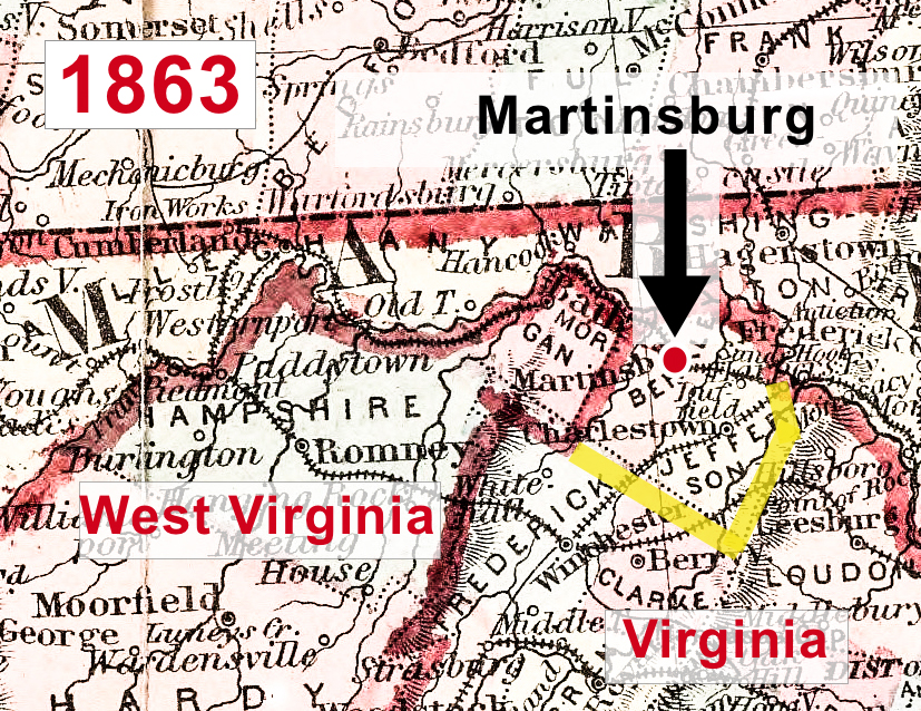 Partial 1863 West Virginia and Virginia map. The yellow line shows the Berkeley and Jefferson Counties that were in Virginia until transferred tp West Virginia in 1867.