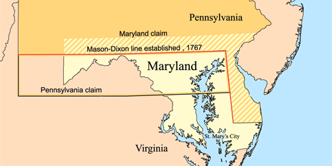 The Mason Dixon line is in Red. The original Mason Dixen Line stopped at the border of what is now West Virginia and Maryland.