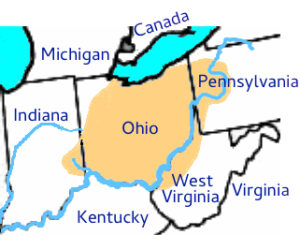 The Ohio Country (orange) overlaid on current map showing state outlines.<span id='easy-footnote-2-16575' class='easy-footnote-margin-adjust'></span><span class='easy-footnote'><a href='#easy-footnote-bottom-2-16575' title='The Ohio Country, showing present-day U.S. state boundaries. CC BY-SA 3.0, https://commons.wikimedia.org/w/index.php?curid=1255736'><sup>2</sup></a></span>