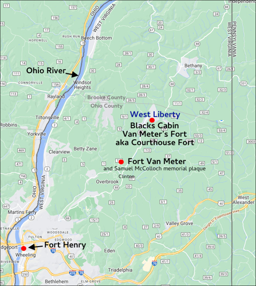 Current Map of Ohio County, West Virginia showing approximate location of Van Meter Forts. Fort Van Meter is on Joseph Van Metre property.