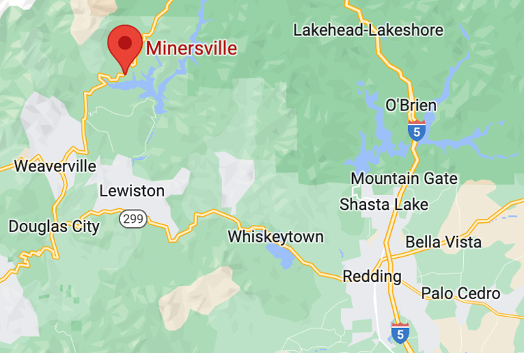 Location of Minersville, California, just southwest of Mount Shasta.