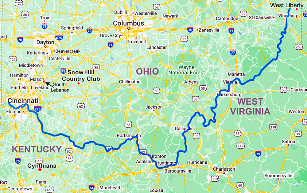 Map showing Ohio River from Ohio County, WV to Cincinnati. Also shows locations of West Liberty, WV, Cynthiana, Kentucky, South Lebanon, OH and Snow Hill Country Club, where Morgan Van Matre's Morgantown was said to have been located.