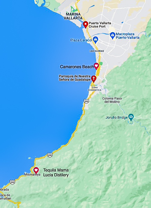 Map showing Puerto Vallarta Cruise Port, Camarones Beach and location of Tequila Mama Lucia Distillery.