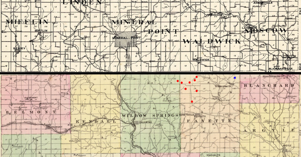 County Border Line, between Lafayette County on the bottom and Ohio County on the top.This shows Waldwick in Ohio County just north of the border. The Van Matre Properties are marked in Red Dots.Interesting tidbit, my husband John Henry Burns great grandfather, John Henry Meili's farm is marked in blue...it's a small world.