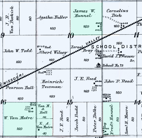 1888 Partial Plat Map of Farmers Valley Precinct, Hamilton County, Nebraska, Sections with Van Matre and Hunnnell Properties in green.