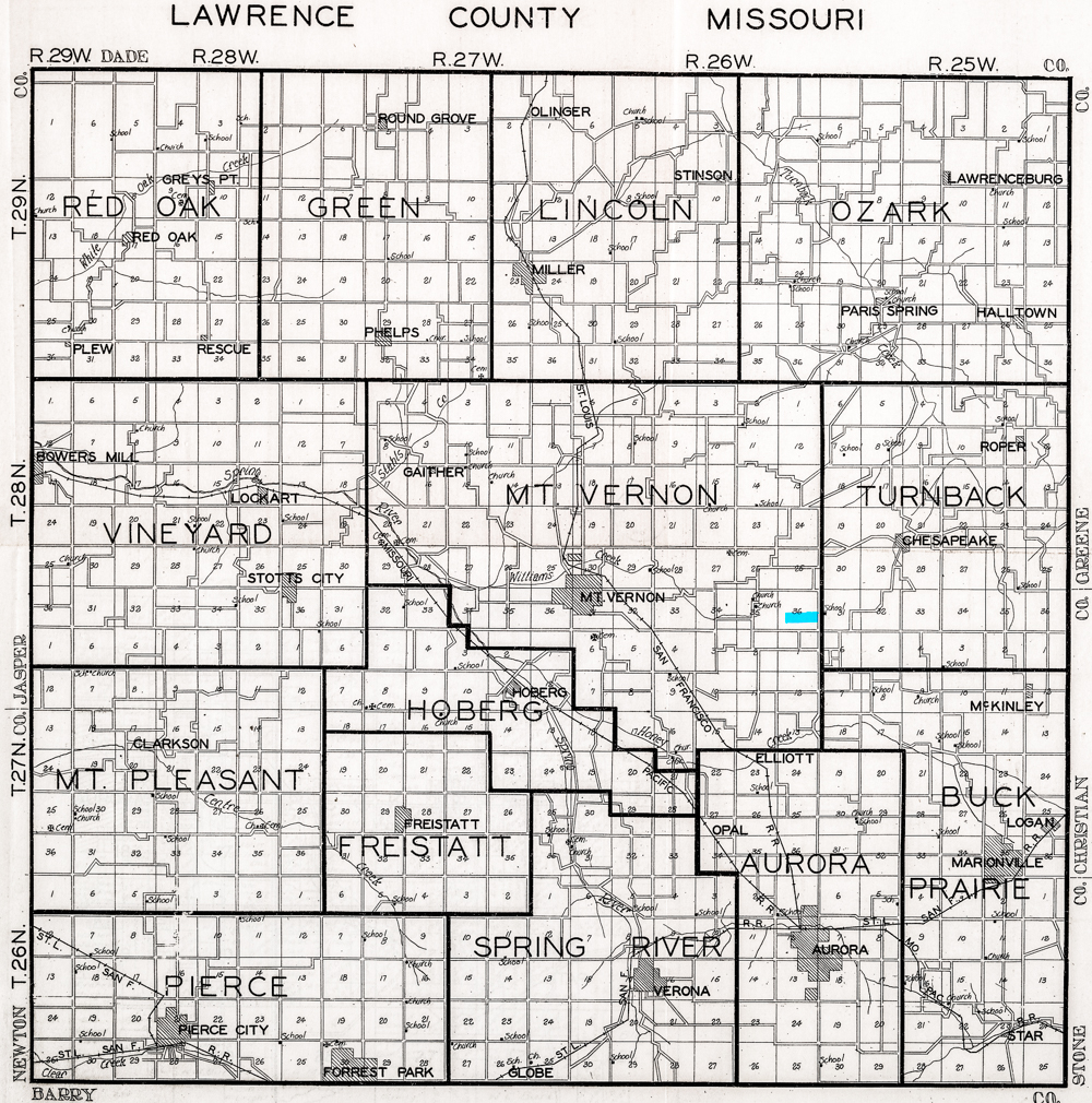 1930 Lawrence County, Missouri Plat Map, showing W. W. Van Matre still owning 120 acres in section 36.