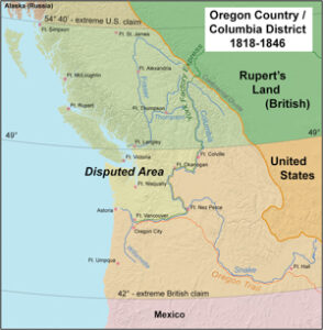 Map of the Oregon Country, with most heavily disputed area highlighted. The 1846 Oregon Treaty awarded this area to the U.S.