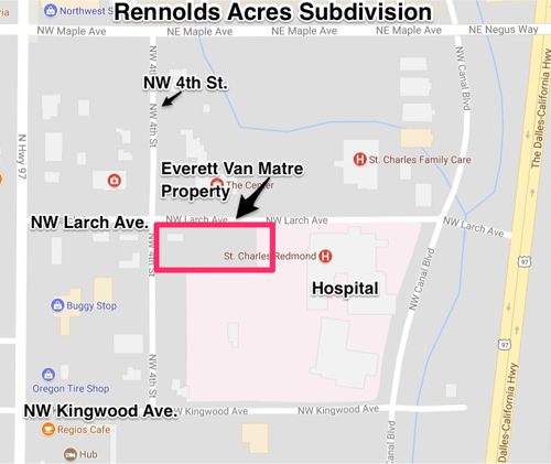 Rennolds Acres Subdivision. Property outlined in Red is the Everett Van Matre Property.