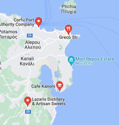 Map of Corfu, showing the stops we make on our "Easy Corfu Island Tour"