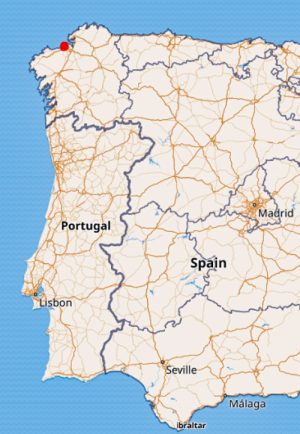 Map Showing location of La Caruna, Spain marked in red.