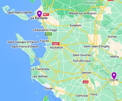 Map showing La Rochelle and Cognac, France