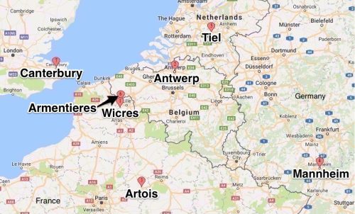 Current Map showing location of Tiel, Netherlands; Caterbury, England; Armentieres, Wicres and Artois, France; Antwerp, Belgium; and Mannheim, Germany.