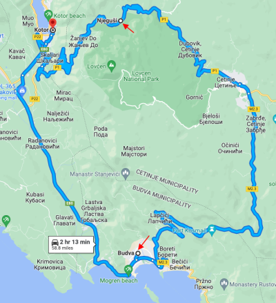 Map of Mt. Lovcen Tour