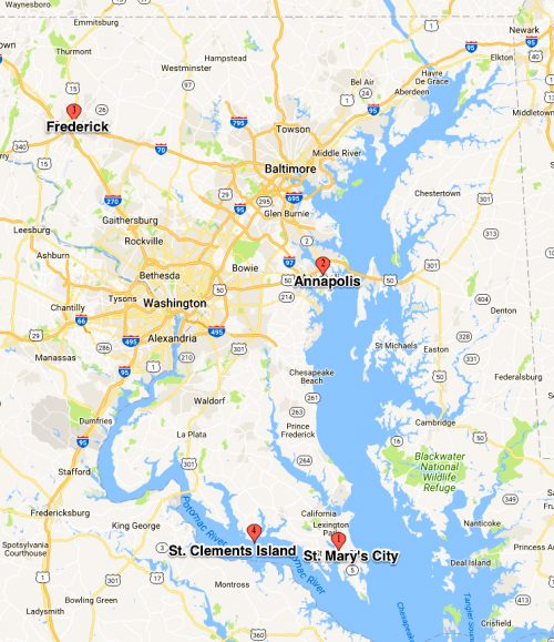 Maryland Map, showing location of Frederick, Annapolis, St. Clements Island and St. Mary's City.