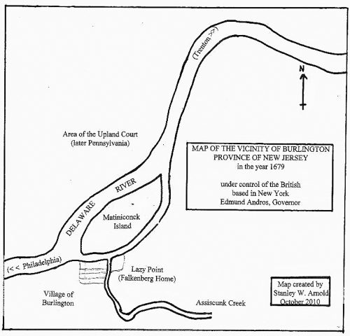 Lazy Point, Burlington, New Jersey 1679 Map of the Vicinity of Burlington, Provinc eof new Jersey in the year 1679, showing location of Lazy Point.